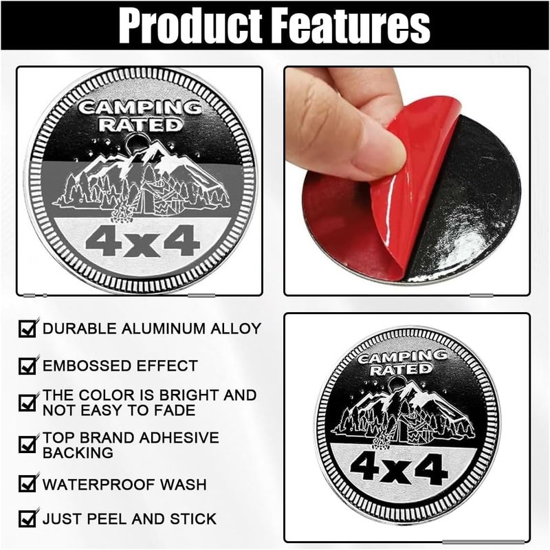 GLSOWEE Camping Badge Rated Car Emblem, 4 x 4 3D Metal Car Badge Decals Stickers Round Emblem Decals, Car Exterior Emblems Badge Compatible with Jeep Wrangler Vehicles Trucks SUV RV - Image 3